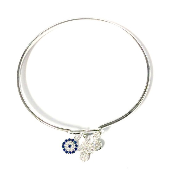 925 STERLING SILVER Hamsa-Eye-CZs Charms Bangle - Picture 8 of 8